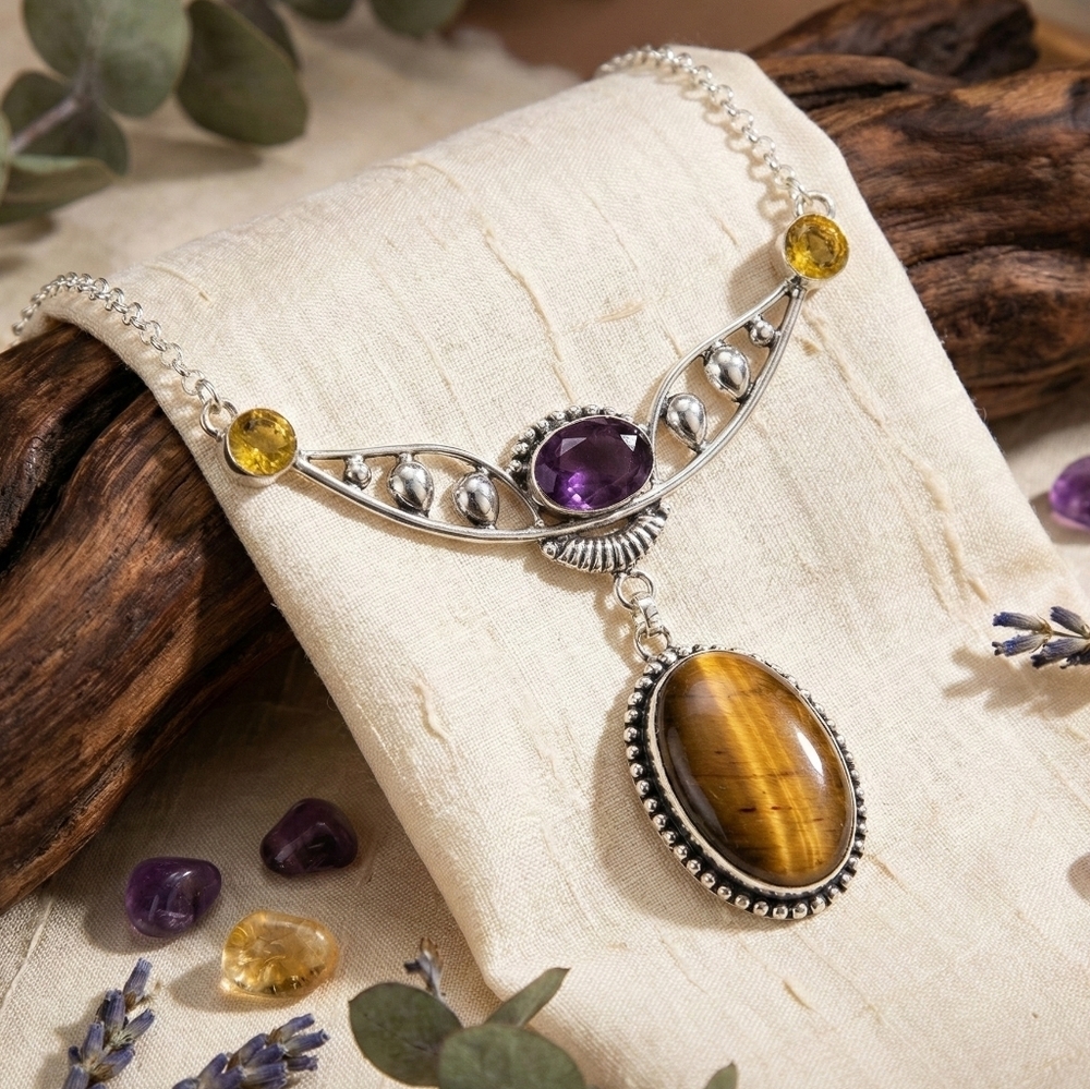 Tigers Eye Amethyst Citrine 925 Sterling Silver Witchy Pendant Necklace 19.5in